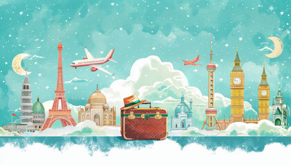 Travel-themed illustration with famous landmarks and transportation. Concept of global tourism and adventure by AI generated image