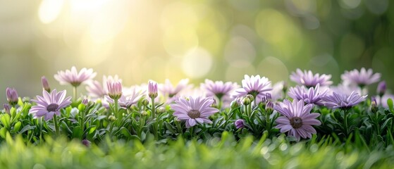 Wall Mural - A picturesque meadow filled with purple chrysanthemum flowers, their vibrant color contrasting beautifully with the green grass