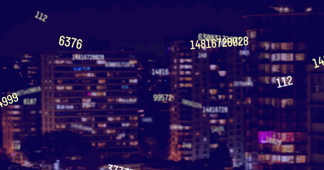 Poster - Image of falling numbers over cityscape