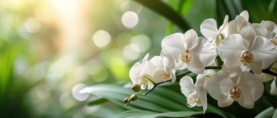 Wall Mural - A serene garden scene with white phalaenopsis orchids, their elegant, cascading blooms creating a sense of tranquility. flat design, minimalistic shapes with space for text