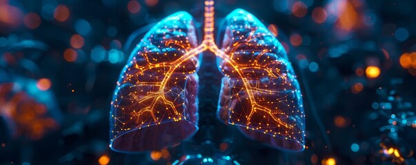Lungs under AI-assisted treatment, Cyberpunk, Dark tones, Illustration, Technological innovation