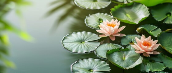 A serene pond adorned with blooming sacred lotus flowers, their large pink petals and lush green leaves floating gracefully. flat design, minimalistic shapes with space for text