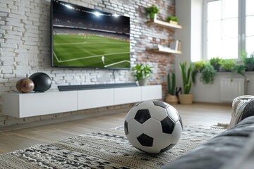 Poster - Football or Soccer Tournament concept. A football in living room with TV open Live match