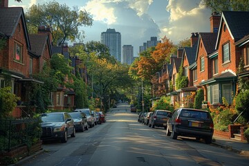 Wall Mural - A serene residential neighborhood street lined with parked cars and classic brick houses, with an urban skyline in the background under a partly cloudy sky