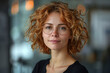 © Robert Herhold - Realistic Stock Photo of a Cute German Project Manager Young Womann in her 40s with Very Short Curly Copperblonde Hair created with Generative AI technology