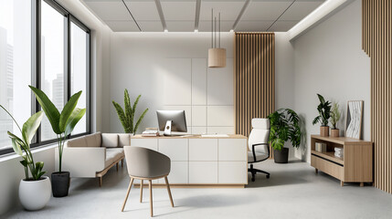Poster - modern office minimalist style interior design with furniture and plants 