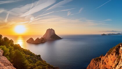 panoramic of the island of es vedra at sunset ibiza