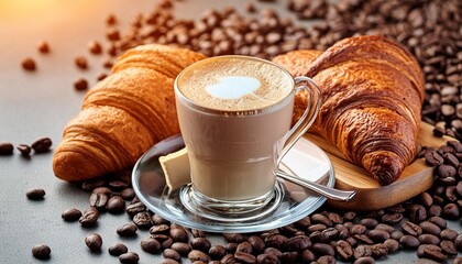 Wall Mural - cappuccino coffee and fresh croissant