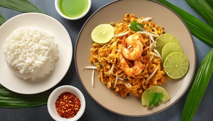 Wall Mural - pad thai and noodles from a top down view thai food from a top down view
