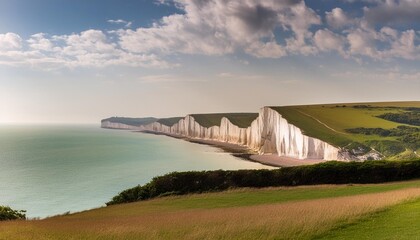Wall Mural - panorama of the impressive seven sisters chalk cliffs during a eraly summer day seaford east sussex england