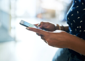 Aufkleber - Business woman, hands and typing with phone for social media, communication or browsing at office. Closeup of female person or employee on mobile smartphone for online chatting, texting or research