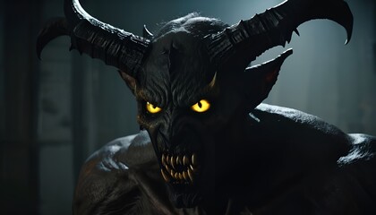 Terrifying black demon with glowing yellow eyes and large horns baring teeth
