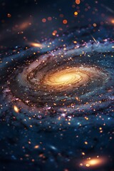 Wall Mural - Vivid portrayal of a vibrant galaxy with swirling patterns of stars and cosmic dust, highlighted by bright colors in a dark space backdrop, suitable for themes of exploration and the universe