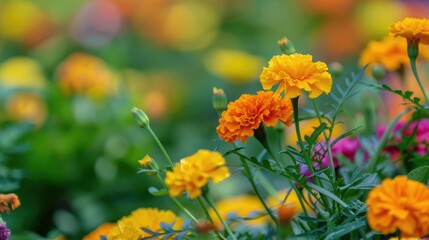 Canvas Print - Colorful yellow marigold blossom in the field and garden