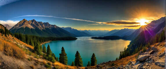 Wall Mural - A beautiful lake surrounded by mountains with the sun rising over it.