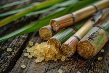 Wall Mural - Close up sugar cane on rustic wood table.Brown sugar and cane on wood background - generative ai