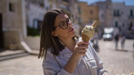 Wall Mural - Young hispanic woman in bari's old town enjoying an ice cream cone on a sunny day, showcasing the vibrant streets of puglia, italy.