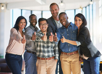 Poster - Business people, team and thumbs up with portrait in office for good job, project success and reputation growth in creative agency. Designers, hand gesture and yes sign for agreement or recognition.