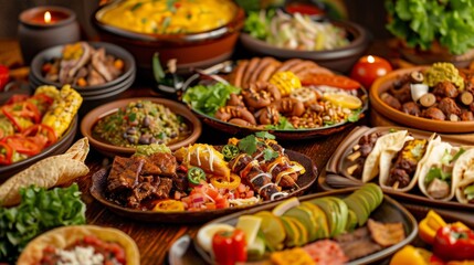 A table with Mexican dishes. Traditional Mexican dishes like tacos, enchiladas, guacamole, and churros are beautifully laid out on the table.