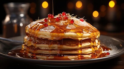 Wall Mural - Close-Up of pile of pancakes with melted sweet syrup and fruit toppings with a blurred background
