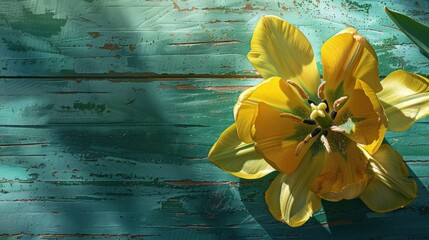 Close up of a bright yellow tulip bathed in sunlight on a textured green wooden surface with space for text showcasing intricate details of the flower s petals stamen and leaves