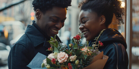 Wall Mural - Man giving a bouquet of flowers to his girlfriend, concept of romance and affection