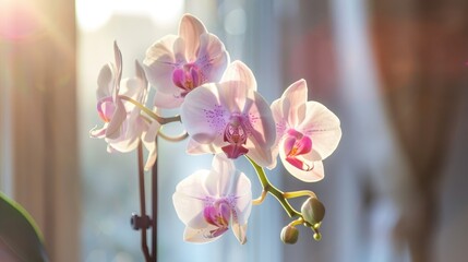 Wall Mural - A detailed shot of a white and purple orchid indoors