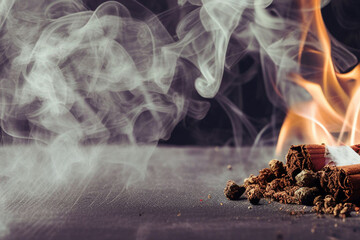 Poster - burning-tobacco-cigar-with-smoke-and-ash-on-dark-background-with-space-for-text 