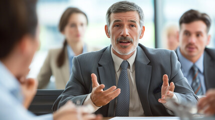 Wall Mural - a businessman or a CEO explaining a project to his employees, business people meeting, corporate office life