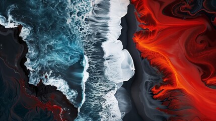 Wall Mural - Aerial View of Ocean Waves and Lava Flow. Nature's Powerful Forces.