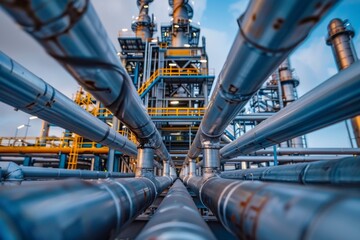 A large industrial plant with many pipes and a yellow and blue ladder