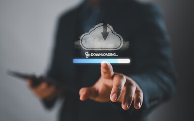 Aufkleber - Download processing data concept. Person use smartphone with virtual screen of downloading bar for download files. Downloading data from cloud storage.