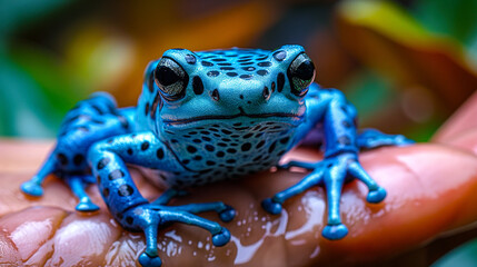 Closeup of a blue poison dart frog on the top of a human hand