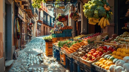 A wide variety of fruits and vegetables are traded at traditional markets along the road. Street outdoors market of natural products