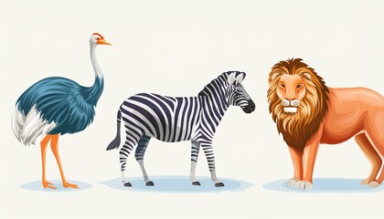 Poster - Safari Animal set zebra, ostrich and lion in watercolor style. Isolated vector illustration