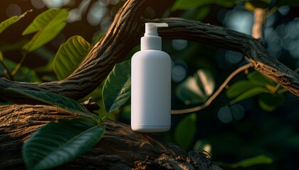 A bottle of lotion is sitting on a tree branch
