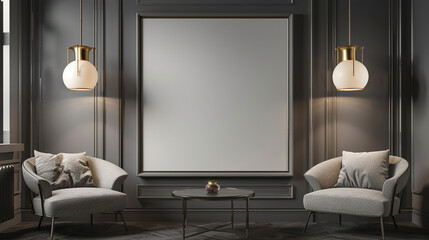 Wall Mural - Elegant home interior with a thick-bordered blank frame on a grey wall, sophisticated chairs, a chic table, and two hanging lamps on either side of the frame
