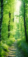 Wall Mural - Path footpath in the deciduous forest in spring in the summer in the morning sun. Young lush green trees in the forest, vertical orientation