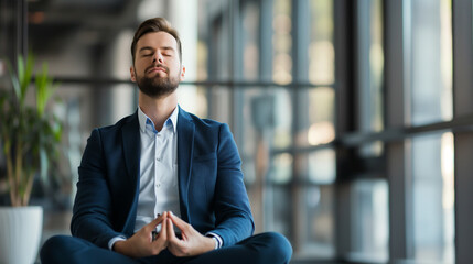 portrait of a businessman meditating in modern office to release stress and focus on work 