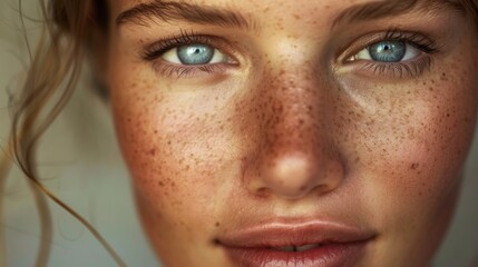 Wall Mural - A close-up portrait of a young woman with piercing blue eyes and a warm smile, her skin glowing with natural beauty.