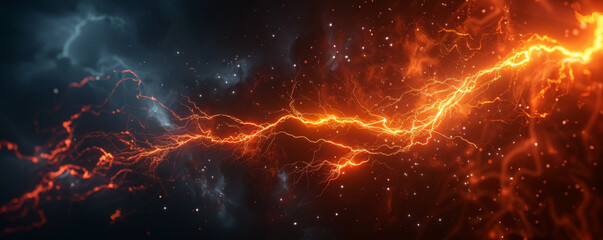 Abstract electric storm with vibrant orange and blue lightning, dynamic energy, and dramatic contrasting colors against a dark sky.