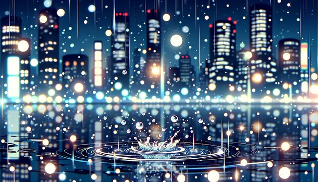都市に雨が降り注ぐ、美しいイラスト｜Beautiful illustration of rain falling on a city.