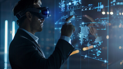 Poster - a businessman or CEO looking at hologram display of project information details, corporate people using futuristic technology for business management 