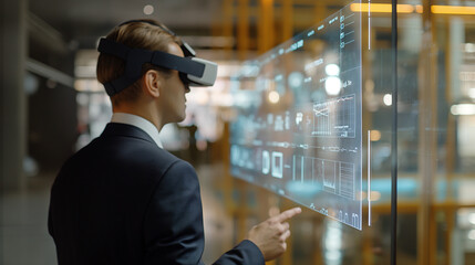 Poster - a businessman or CEO looking at hologram display of project information details, corporate people using futuristic technology for business management 