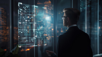 Poster - a businessman or ceo looking at hologram display of project information details, corporate people us