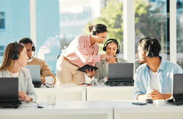 Poster - Call center, office training and people in computer for customer service, online review and consultant results. Business agency, e commerce manager and woman talking, support or web advice on laptop