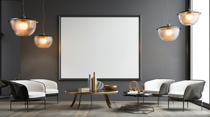 Wall Mural - Stylish home interior with a thick-bordered blank frame on a grey wall, elegant chairs, a designer table, and three hanging lamps