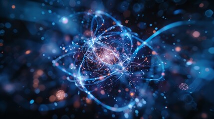Poster - A surreal visualization of a quantum-entangled molecular structure, where particles appear to be interconnected by threads of energy, creating a mesmerizing cosmic dance.