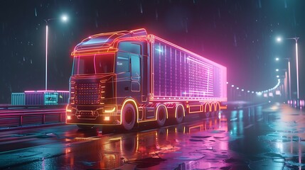 Wall Mural - An immersive depiction of a lorry truck with a container blueprint rendered in stunning 3D, illuminated by glowing neon holograms, evoking a sense of futuristic innovation