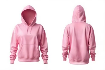 Wall Mural - Female set of pink front and back view tee hoodie hoody woman sweatshirt on white background cutout, Mockup template for artwork graphic design